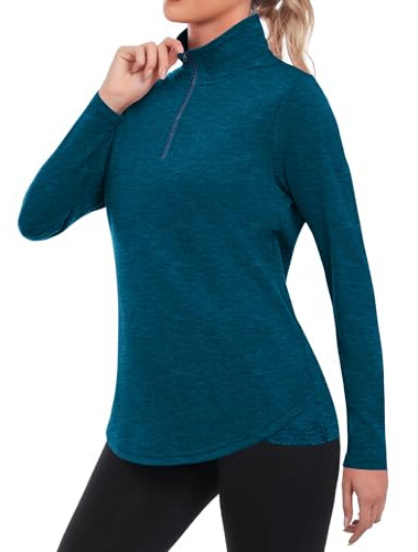 PINSPARK Sport Shirts für Damen Langarm UV Shirt Schnelltrocknend Funktionsshirt Frühling Atmungsaktiv Sportshirt 1/4 Reißverschluss UPF 50+ Yoga Tops Fitness Wandershirt Blaugrün s
