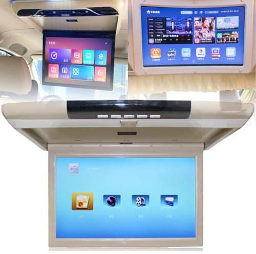 YANGYMM Moniteur de Toit de Voiture, 17,3 Pouces IPS 1080P Wi-FI Bluetooth, Lecteur StéRéO NuméRique HD oour Plafond, éCran Rabattable, Compatible Android, HDMI, AV, FM, USB,Beige