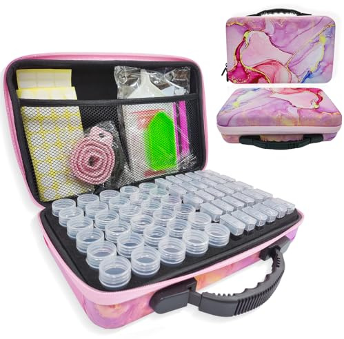 Rigute 60 Slots Diamond Painting Storage Container, 2 types of bottles Storage Storage Boxes for Diamond Art Kits, Portable Bead Organizer Case with Accessories and Tools for Handcrafts (Pink)