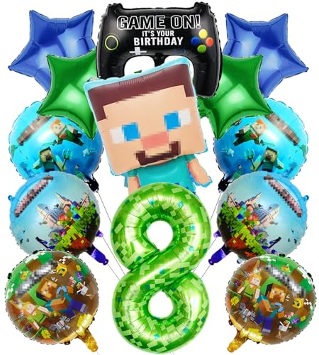 Set di 8 decorazioni di compleanno – 13 pezzi Pixel Ballon Party Pack per ragazzi | Miner Gamer sacchetti di compleanno per palloncini e decorazioni per bambini | sacchetti regalo per 8 anni di