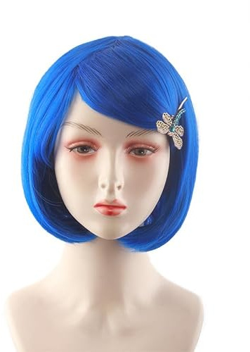 Kurze Blaue Bob Coralin Perücke für Damen, Cosplay Perücken mit Libellen-Hairpin, passend für Halloween Kostüm Party Cosplay Wig