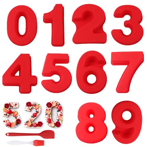 ZYNERY 10 Stück Silikon Zahlen Kuchenform Set – 10 Zoll Groß Backformen für Zahlen 0-9, Ideal für Kuchen, Kekse & Pralinen, Passend für Geburtstag & Party (Rot)