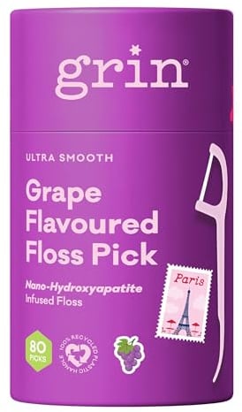 Grin Ultra Clean Adult Tooth Floss Picks, 80pk Canister with Grape Flavour | Fruity Dental Floss Sticks for Tight Teeth, Keeps Breath Fresh & Teeth Clean, Easy and Simple Grip Handle for Daily Oral Care