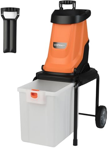 COSTWAY 2800W Biotrituratore Elettrico per Rami, Trituratore da Giardino con Cesto da 50L e Ruote, Diametro di Taglio 4,5 cm, Rapporto di Riduzione 15:1, Trituratore Rami per Cortile (Arancione)