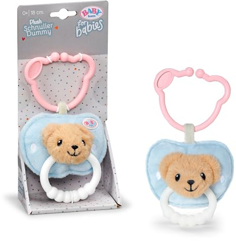 BABY born for babies Plüsch-Schnuller mit Beißring und Clip | Beißring mit Clip, Quietschfunktion, weiches Bärchengesicht, waschbar