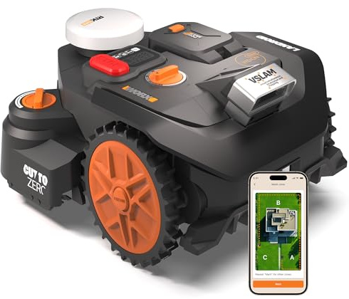WORX Landroid Vision Cloud WR306E 2WD Robotic Lawnmower without Boundary Cable for 600 m² with Cut to Zero Module (AI Obstacle Detection, VSLAM+ RTK Cloud Navigation, Auto Mapping, App Control)