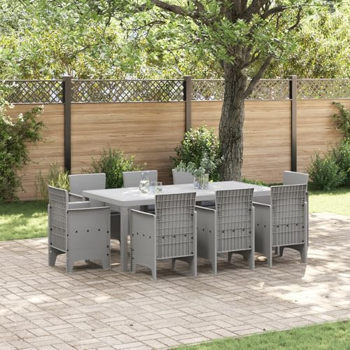 9-TLG. Garten-Essgruppe mit Kissen Hellgrau Poly Rattan für 8 Personen, UV-beständige Outdoor-Möbel mit großem Tisch und bequemen Stühlen für Terrasse, Balkon