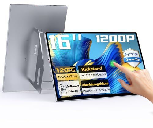 Intehill Tragbarer Monitor 16 Zoll 120Hz Touchscreen Gaming, USB-C FHD 1920x1200 IPS 300 Nits 100% sRGB, Aluminiumgehäuse mit Lautsprecher, VESA, für PC/Mac/Switch/PS5 - T16PB（Grau）