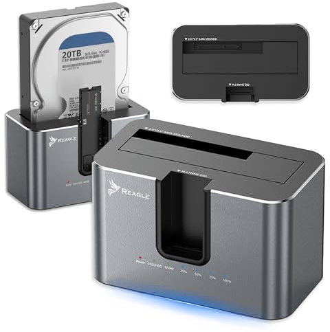 Reagle Docking Station Klonstation für HDD und SSD SATA 2.5” 3.5” und NVMe M.2 2230 2242 2260 2280 22110 USB 20TB kompatibel mit Windows macOS Linux, 2-in-1 USB-A / USB-C Kabel