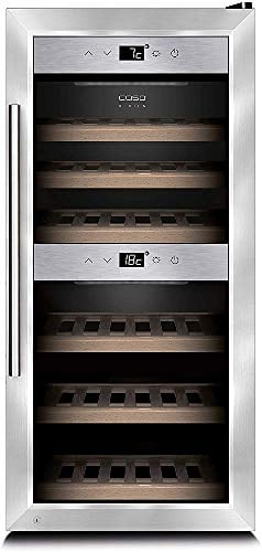 CASO WineComfort 24 | Weinkühlschrank für 24 Flaschen | 2 Zonen auf 5-20°C einstellbar, Touch, LED beleuchtet freistehend, UV-Filterglas, Edelstahl