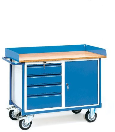 Fetra Transportgeräte bbod438 Werkbank mit 4 Schubladen und 1 Schrank, 160 mm Rollen Durchmesser, 1120 mm x 650 mm Plattform, 1220 mm Länge x 650 mm Breite x 930 mm Höhe