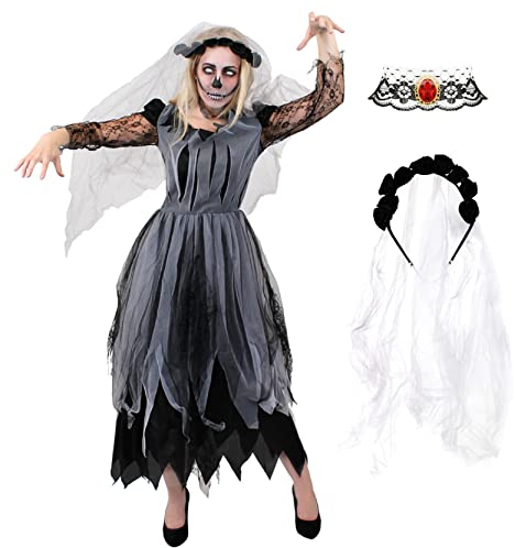 Corpse Bride Damen Halloween-Kostüm, Geister-Braut, Schwarz & Grau gerissener Effekt Kleid mit Schleier Totes Hochzeitskleid (UK 16-18)