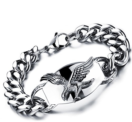 Flongo Herrenarmband Männer Kette aus Edelstahl Armband Armreif Armkette Link Handgelenk Panzerkette Silber Adler Falke Herren-Accessoires