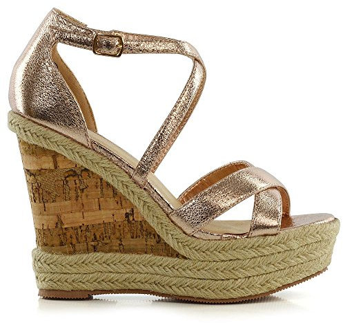 Womens Ladies Ankle Strap Espadrilles Platform Wedge Heel Open Toe Sandals Shoes Size 3-8 Rose Gold Metallic