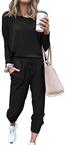 SotRong Women Casual 2 Piece Tracksuit Lounge Suit Long Sleeve Pullove Sport Tops+Long Pants Plus Size Jogger Set Playsuit Black XL