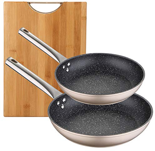 Bergner Set Neon Gold: tabla de cortar y set sartenes Ø20 y Ø30 cm, aluminio forjado, antiadherente mármol, inducción, con mangos tubulares en acero inoxidable