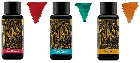Diamine - 30ml Fountain Pen Ink - 3 Pack - Red Dragon, Cool Green, Sepia