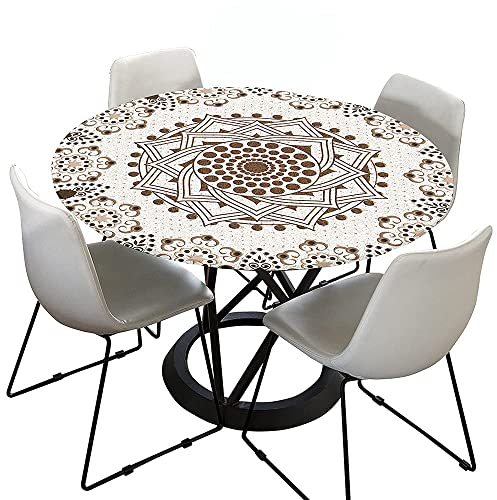 Morbuy Tischdecke Outdoor Rund 100 cm, Elastisch Rund Abwaschbar Tischdecken Wasserabweisend Lotuseffekt Garten Tischdecke Creme Mandala Table Cloth, Ideal für 80cm-90cm