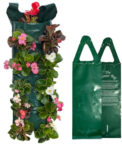 Elixir Gardens 6 x Hanging Flower Pouches | 9 Litre Capacity Strong Reuseable Green UV Resistant Plastic Planting Growbags (10 Pre-Cut Holes) for Flowers, Strawberry, Tomato, Chilli, Herbs & More