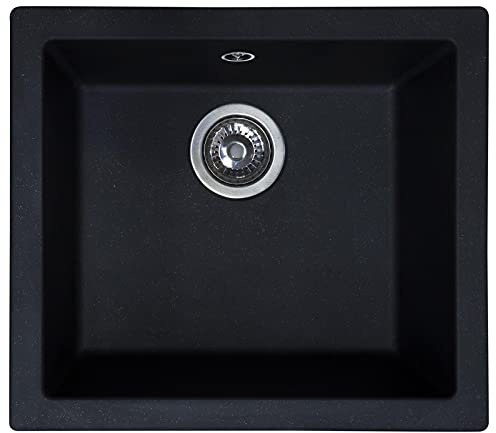SIA EVOBL 1.0 Bowl Black Composite Inset/Undermount Kitchen Sink and 90mm Basket Strainer Waste Kit with Fitting Clips