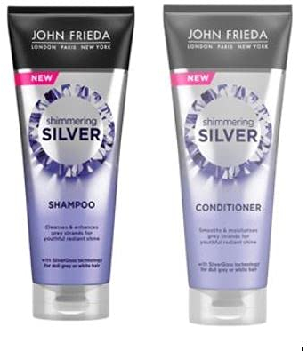 Shimmering Silver Shampoo (250 ml) und Shimmering Silver Conditioner (250 ml) von John Frieda für stumpfes graues Haar