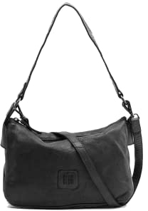 BIBA Sac à Main pour Femme de Cuir Véritable, Boho Sac Heritage Boston BT18, Manche Courte et Sangle Longue, Fermeture Zippée, Cuir de Bovin Légitime, Couleur Noir