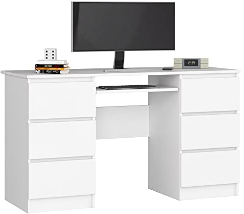 Schreibtisch Klein mit Schubladen | Office Desk | Computertisch | Bürotisch mit Tastaturablage | Holz Deko | B135 x H77 x T50 cm, 60 kg
