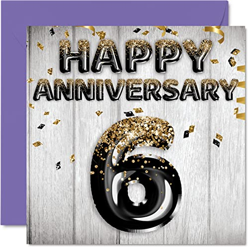 Awesome Iron Anniversary Card for Husband Boyfriend Wife Girlfriend - Black Gold Glitter Balloons - Happy 6th Anniversary Cards from Family, 145mm Greeting Cards for Anniversaries