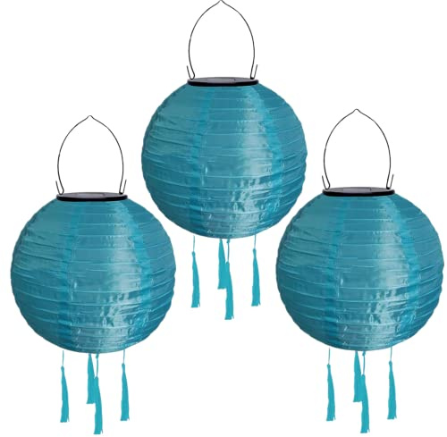 Lampions Außen Wetterfest Solar, LED Solarlaterne Außenlaternen Wasserdicht Solar Lampion mit Quaste Solarlampen Hängende Gartenlaterne Papierlampen Outdoor Ballform Papierlaterne, 20cm (3pcs-Blau)