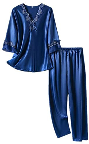 NP pcs Women Pajama Sets Satin Silk Three Quarter Sleeve Nightwear, Deep Blue, Medium
