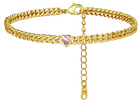 FindChic Zirkonia Steinchen Fußkettchen für Damen aus Kupfer Vergoldete Knöchelkette mit herz Geburststein Oktober Rosenquarz als Geschenk zum Geburtstag, Weihnachten, Valentinstag