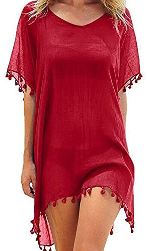 FFWTPY Mujer Suelto Vestido de Playa V Cuello Gasa Camisolas y Pareos con Borla Ropa de Baño de Playa Transparente Bikini Cover Up (Rojo)