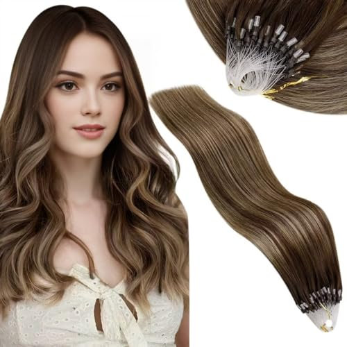 Vivien Microring Extensions Echthaar Balayage Pre Bonded Microring Echthaar Extensions Ombre Braun bis Blond Remy Haarverlängerungen 40cm 50g/50s