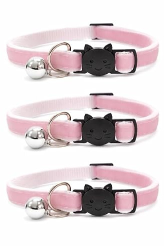 Velvet Cat Collars with Bell. Safe Breakaway Quick Release Buckle. Available in Cat & Kitten Size (Pack of 3) (Cat Collar (20cm - 30cm), Baby Pink Velvet (Pack of 3))