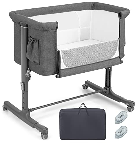 LIFEZEAL 3 in 1 Beistellbett, 5-stufig höhenverstellbares Babybett, Babywiege Stubenwagen mit Matratze, mobiler Reisebett auf Rollen mit Seitentasche und Tragetasche (Dunkelgrau)