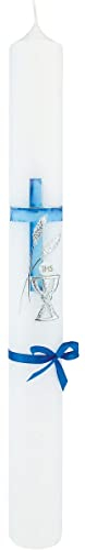 Wiedemann Kerzen Kommunionkerze, Konfirmationskerze Jungen Kreuz und Kelsch mit Blauer Schleife 400 x Ø 40 mm mit individueller Namensverzierung aus Wachsbuchstaben