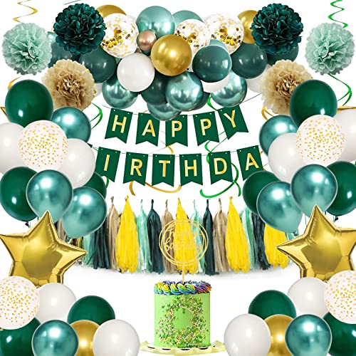Geburtstagsdeko Männer Jungen, Luftballons Geburtstag Deko Set Grün Gold Metallic Ballons für Mädchen Frauen mit Papierbommeln, Happy Birthday Banner, Konfettiballons für Geburtstag Dekoration