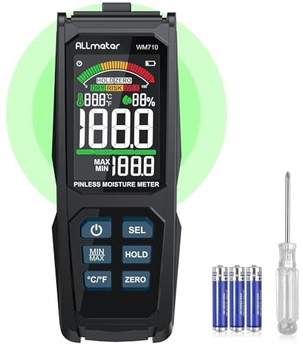 ALLmeter Nadelloser Holzfeuchtemessgerät Feuchtigkeitsmessgerät mit Temperatur-/Feuchtigkeitssonde 2,7LCD Farbbildschirm und akustischem Alarm für Wände Holz Mauerwerk Beton Putz(20mm Analysetiefe)