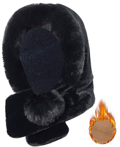 Rayson 2 in 1 Damen Wintermütze Kapuze Kapuzenschal Beanie Ohrschal Winddicht Kälteschutz Mütze Warme Winter Kapuzenschal Neckwarmer Set Schal mit Bommel Ski Ohrenklappe