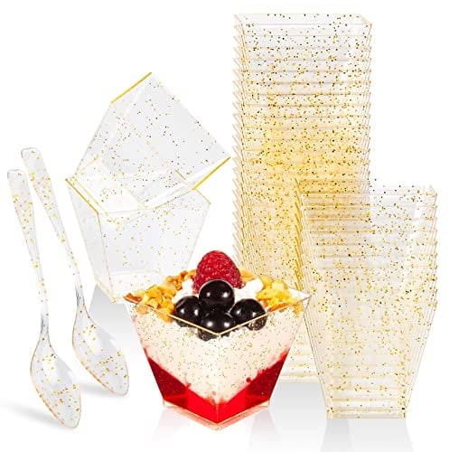 Pack of 50 Pcs Plastic Single-Serving Dessert Pots Stylish Shooter Cups, 2 oz Mini Trapezoid Dessert Cups with Spoons, Reusable Parfait Cups for Fruit Yogurt Snacks Pudding Mousse (Gold)
