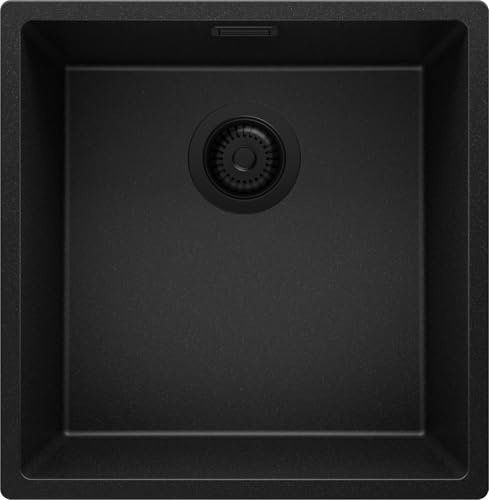 PRIMAGRAN Spülbecken ab 50er Unterschrank + Ablauf-Set, 46x47cm | Set: Ablauf-Set (Siphon, Ablaufgarnitur, Überlauf) + Granitspüle 1 Becken - London Slim, Alles Schwarz
