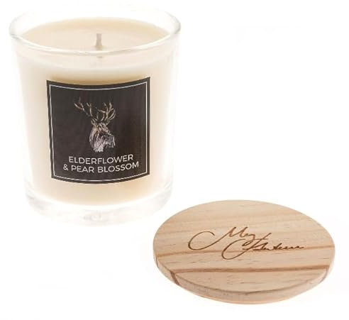 Duftkerze im Glas, Schottisches Hirsch-Design, Holunderblüten und Birnenblüten, Sojawachs, mit Deckel