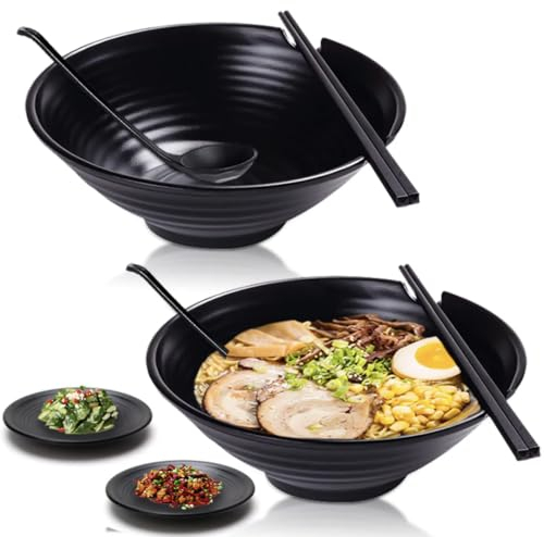 2 Set Re-usable Large Noodle Ramen Bowl - Plastic Japanese Tableware 1100 Ml Bowl, Chopsticks, Spoon Sets, Spoon Plate