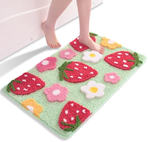 QJHOMO Grün Badezimmerteppich Erdbeer Badematte rutschfest Waschbar Badteppich Bunt Badvorleger Weiche Mikrofaser Duschvorleger Absorbierende Badezimmer Teppich 50 x 80 cm
