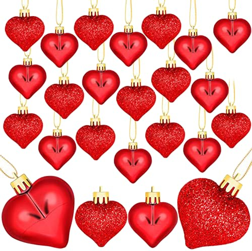 Herzförmige Valentinstags-Ornamente, herzförmige Weihnachtskugeln, romantische Valentinstag-Herz-Dekorationen für Zuhause, Hochzeit, Party, Valentinstag, 24 Stück (rot)