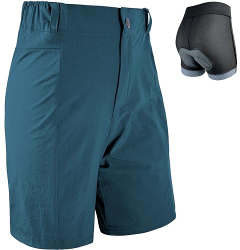 Wulibike Radlerhose Damen Mountainbike-Radhose 2 in 1 gepolstert MTB Shorts Frauen Fahrradhose mit Polsterung Reiten Fahrrad Radfahrhose Reißverschlusstaschen Blau S