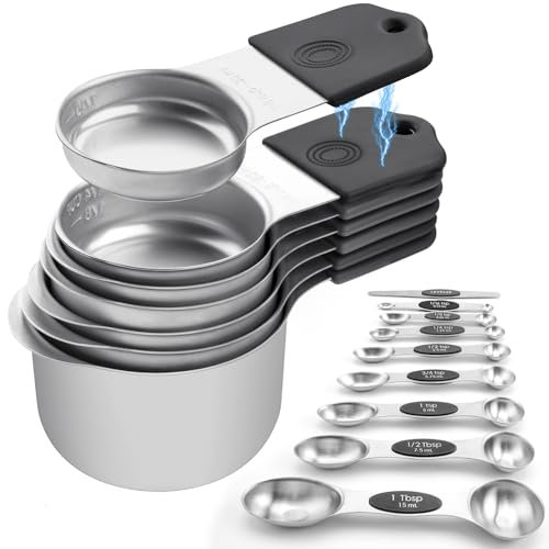 Fire More 16 Stück Magnetische Messbecher und Messlöffel Set, Edelstahl Messbecher für Messen trockenen flüssigen Zutaten mit 7 Measuring und 8 Spoons mit Messlineal