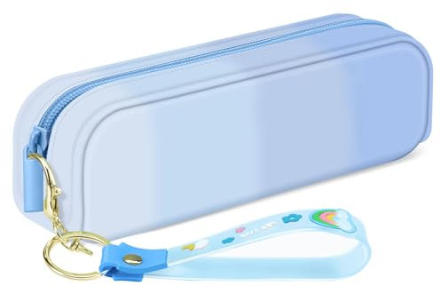 FINPAC Trousse en Silicone, Trousse à Crayons Grande Capacité avec Dragonne, Trousse à Crayons Portable pour Le Bureau et l'école (Bleu)