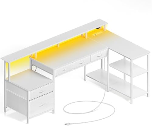 Seventable Mesa di Scrivania a Forma L, Tavolo PC con Presa Elettrica, LED e Supporto Monitor, Scrivania Angolare Invertibile con Cassetti, Perfetta per Camera da Letto, Ufficio e Salott, Bianco