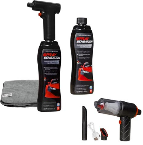 Platinum SpraySensation - Autoreinigungsset mit Handstaubsauger, 2X Pflegemittel inkl. 1x Sprühaufsatz & Mikrofasertuch - Polieren, pflegen & versiegeln - Autowäsche ohne Wasser